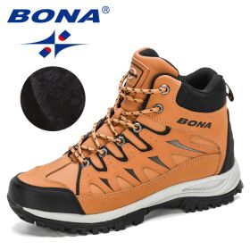 BONA Nubuck Mountain Climbing Shoes Men Quality Outdoor Hiking Hunting Boots (Color: Earth yellow black, Size: 10.5)