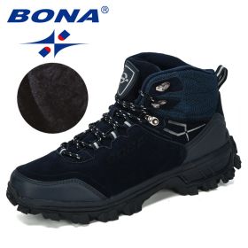 BONA Genuine Leather Men's Hiking Shoes Winter Tactical Hunting Footwear Warm (Color: Deep blue S gray, Size: 8)