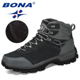 BONA Genuine Leather Men's Hiking Shoes Winter Tactical Hunting Footwear Warm (Color: Dark grey S gray, Size: 10)