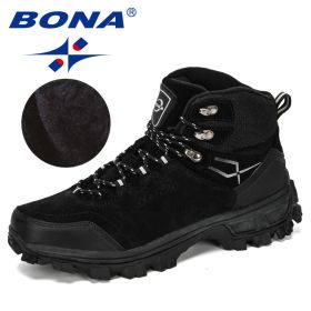 BONA Genuine Leather Men's Hiking Shoes Winter Tactical Hunting Footwear Warm (Color: Black silver gray, Size: 9)